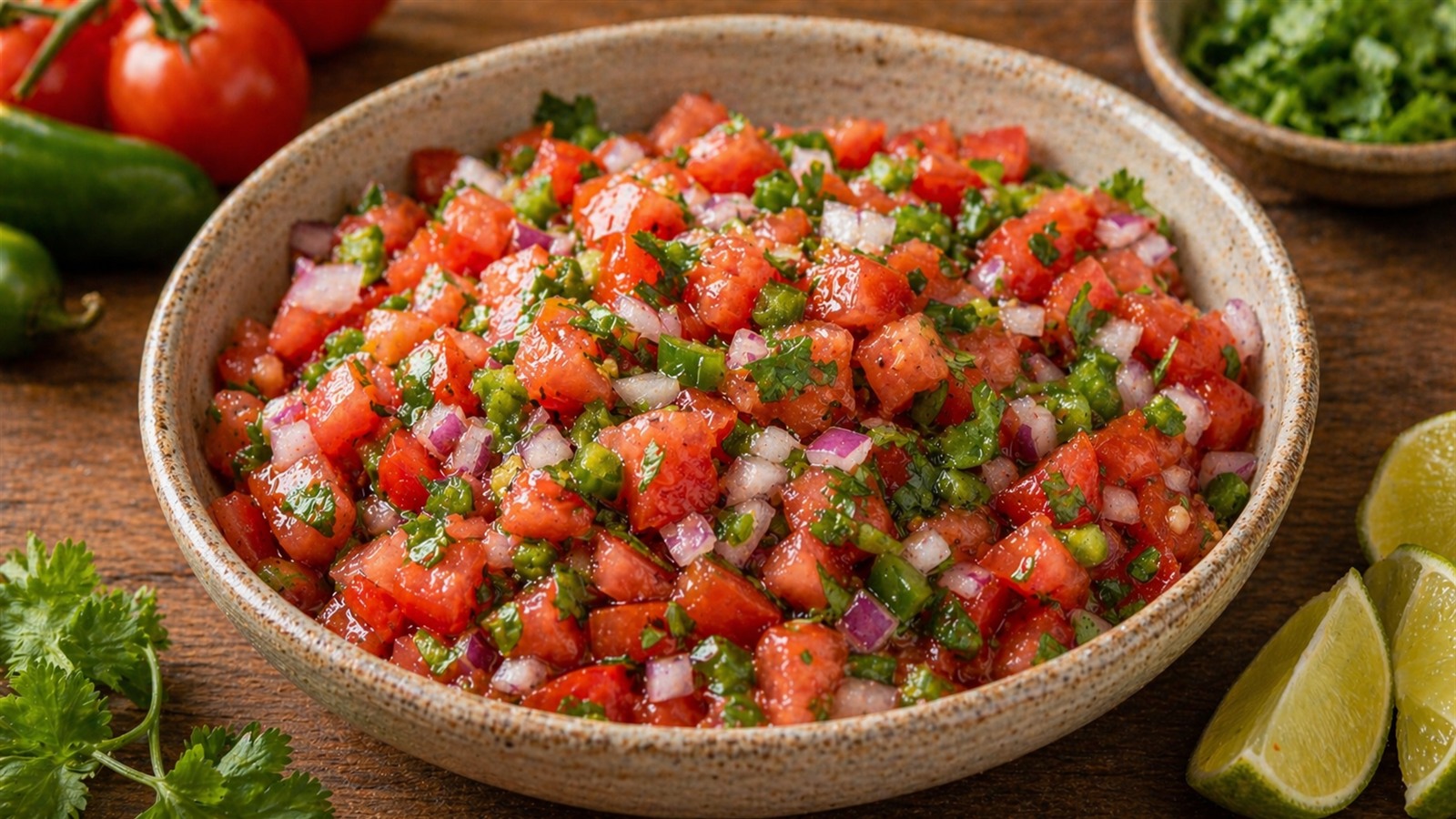 A bowl of fresh tomato salsa with diced tomatoes, red onion, cilantro, and lime.