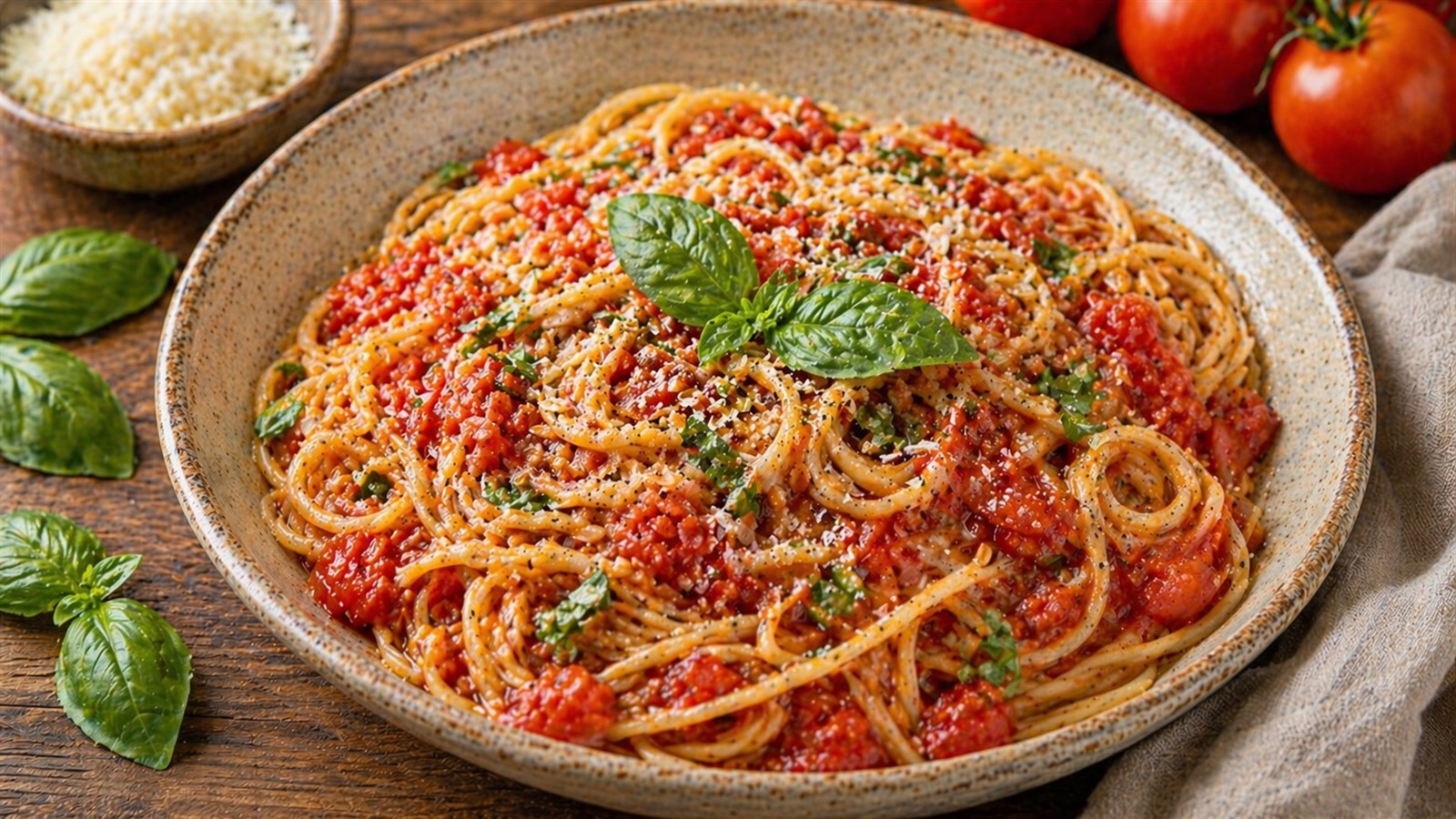 A bowl of pasta coated in a light fresh tomato sauce and topped with basil and grated Parmesan.
