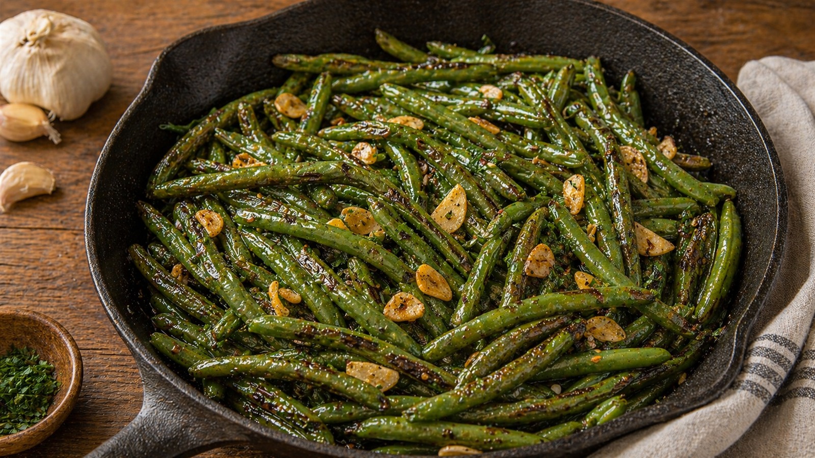 A skillet of blistered green beans with golden garlic slices and a light olive oil sheen.