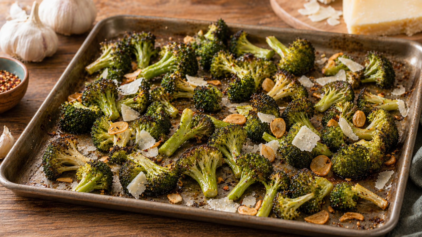 A sheet pan of roasted broccoli florets with crispy charred edges, golden garlic slices, and shaved Parmesan.
