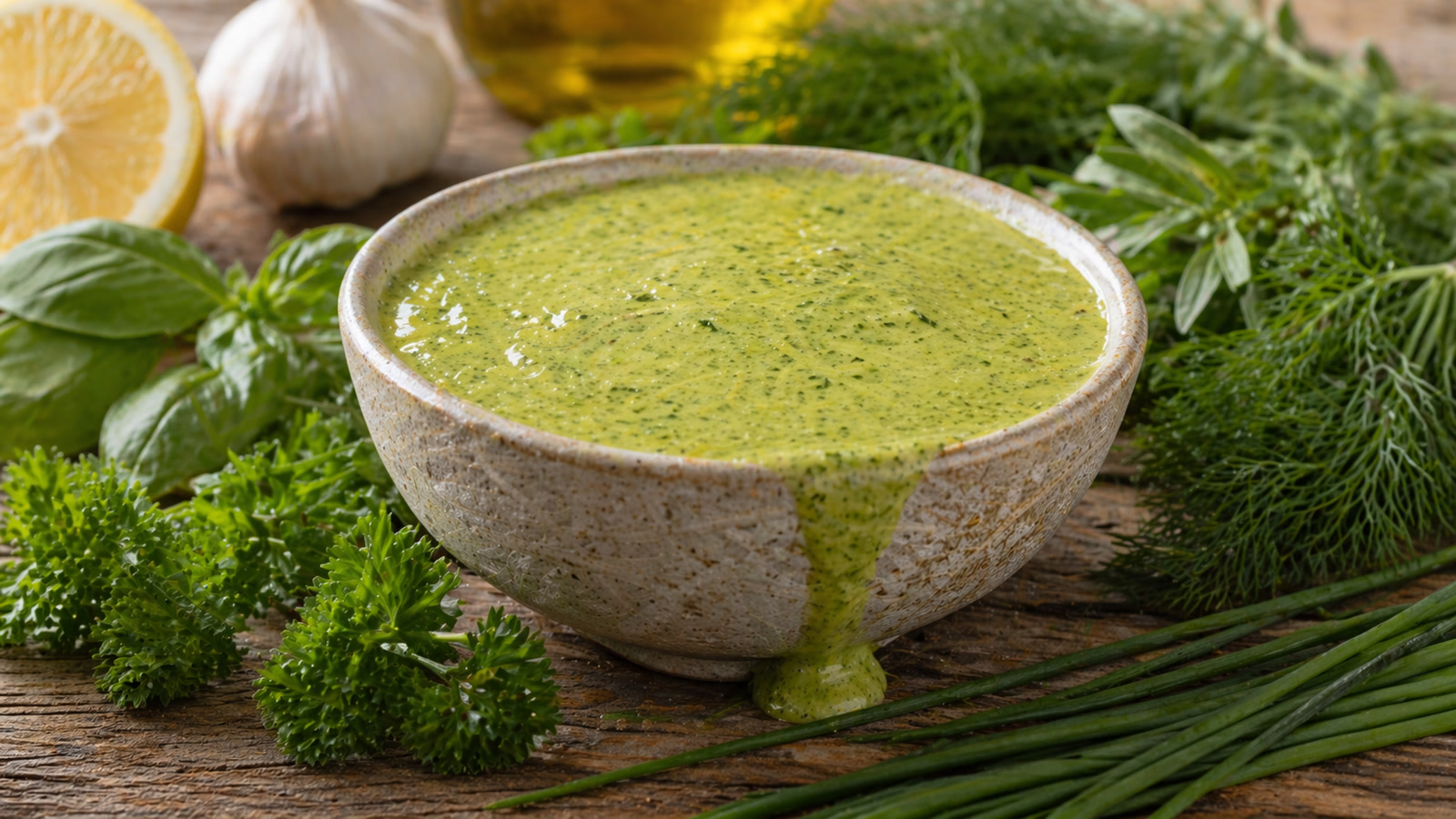 A small bowl of bright green dressing with a drizzle running down the side, surrounded by fresh herbs.