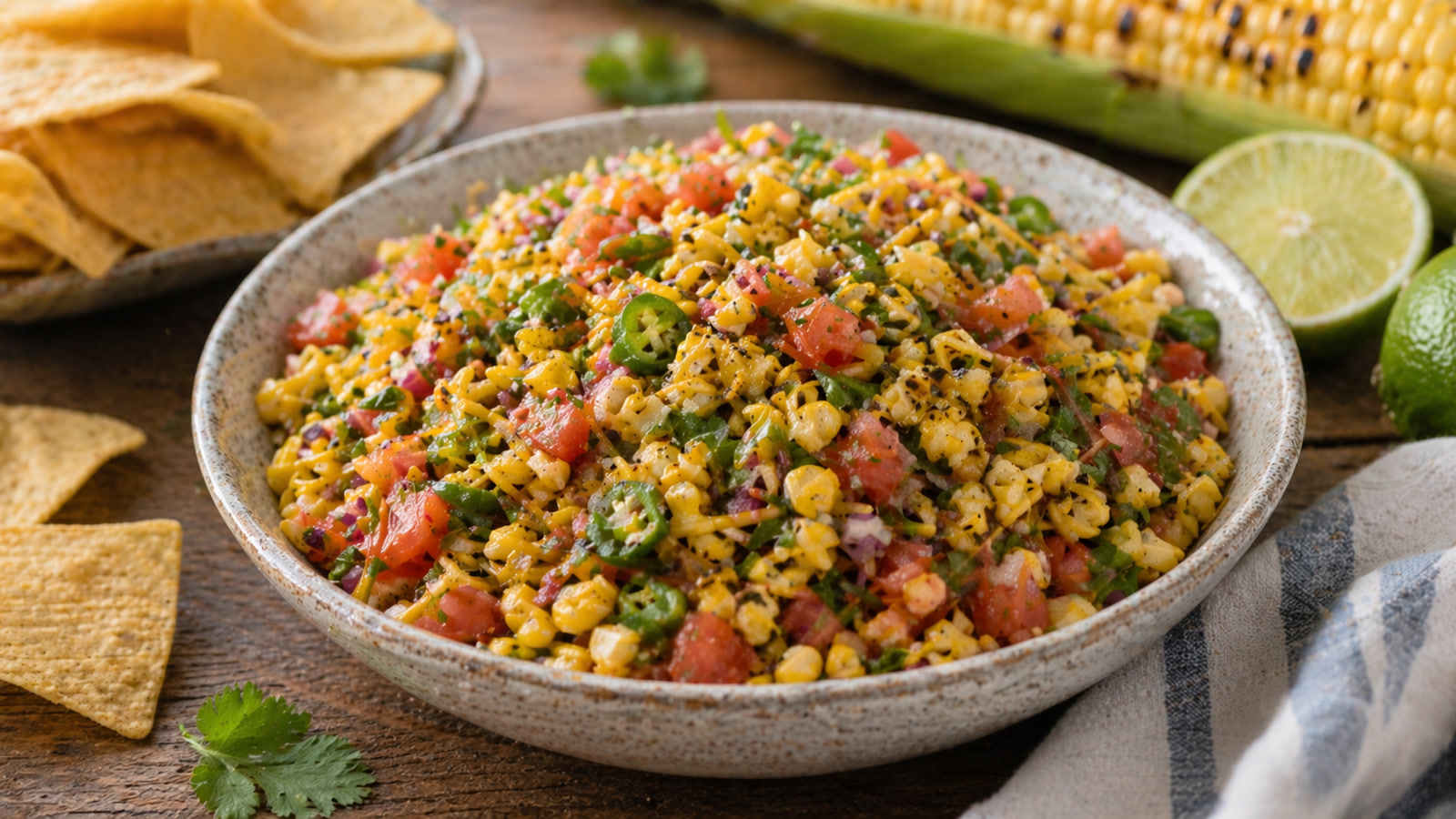A bowl of grilled corn salsa with charred yellow corn kernels, diced tomatoes, jalapeño, red onion, and cilantro.