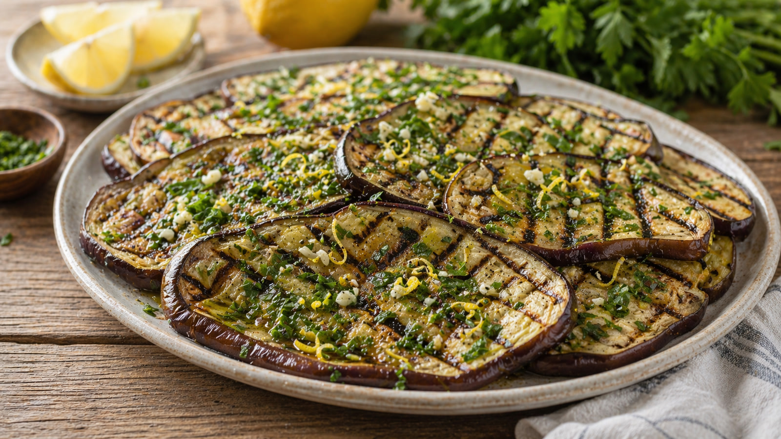 Grill-marked eggplant slices on a platter with chopped parsley, garlic, and lemon zest scattered on top.