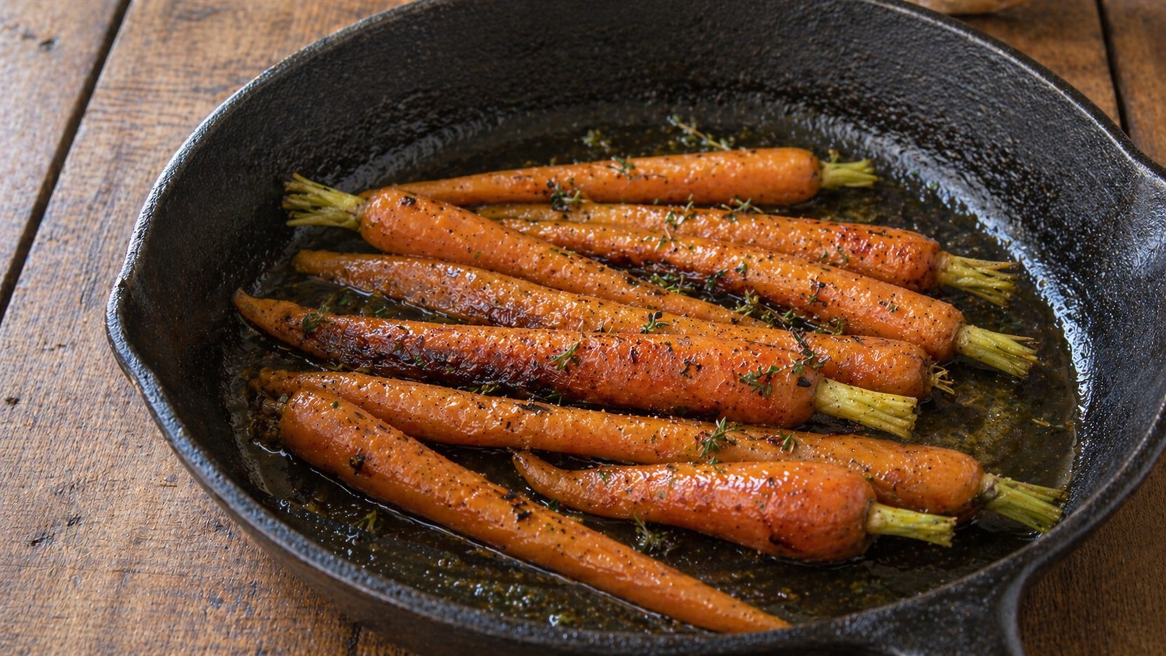 Glazed baby carrots in a skillet with fresh thyme sprigs and a glossy buttery sauce.