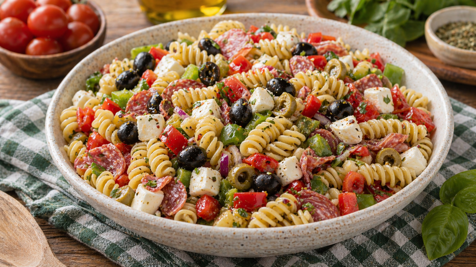 A large bowl of colorful pasta salad with rotini, green and red bell peppers, mozzarella cubes, salami, olives, and herbs.