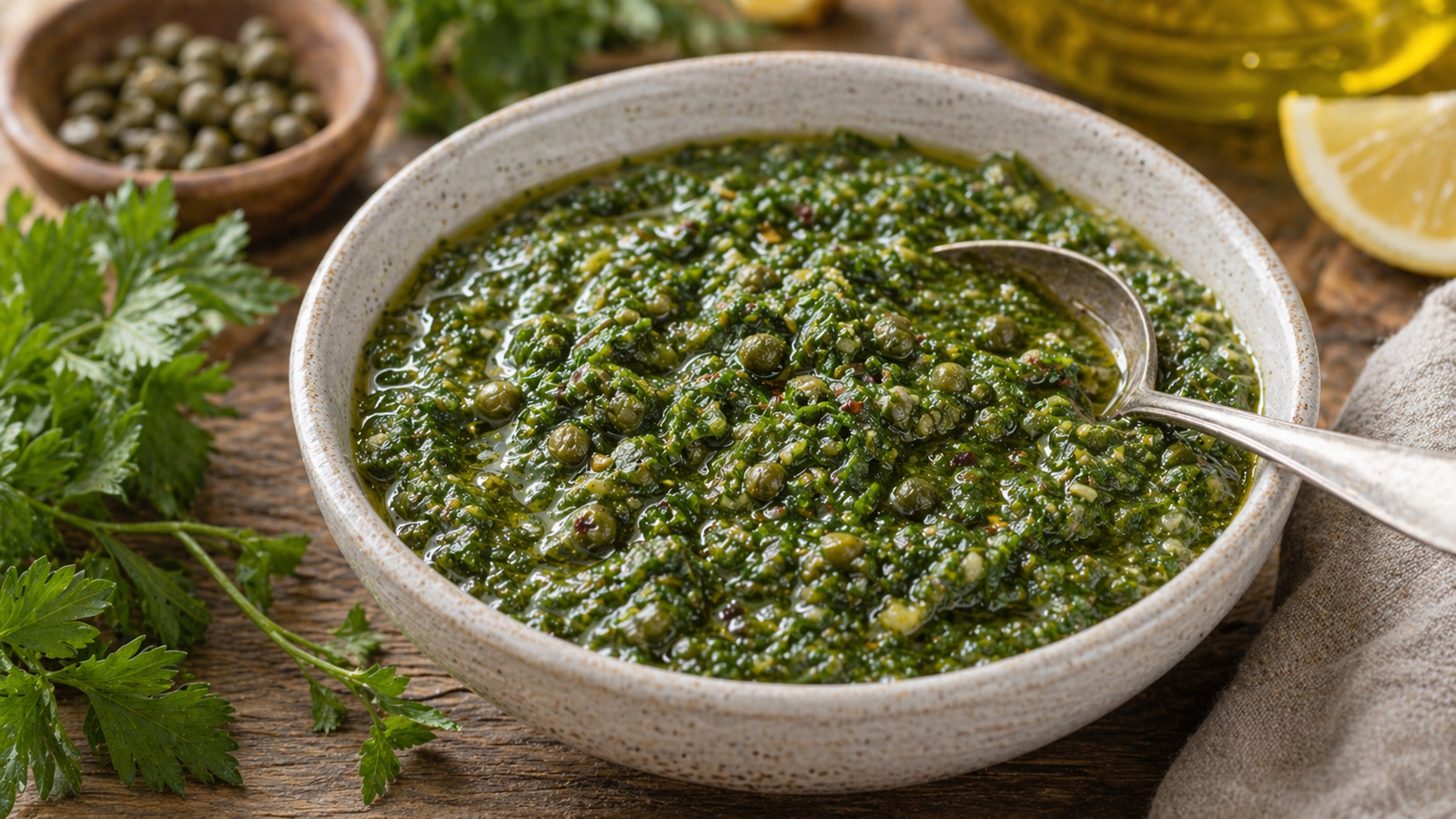 A bowl of bright green chunky Italian salsa verde with visible chopped parsley, capers, and olive oil.