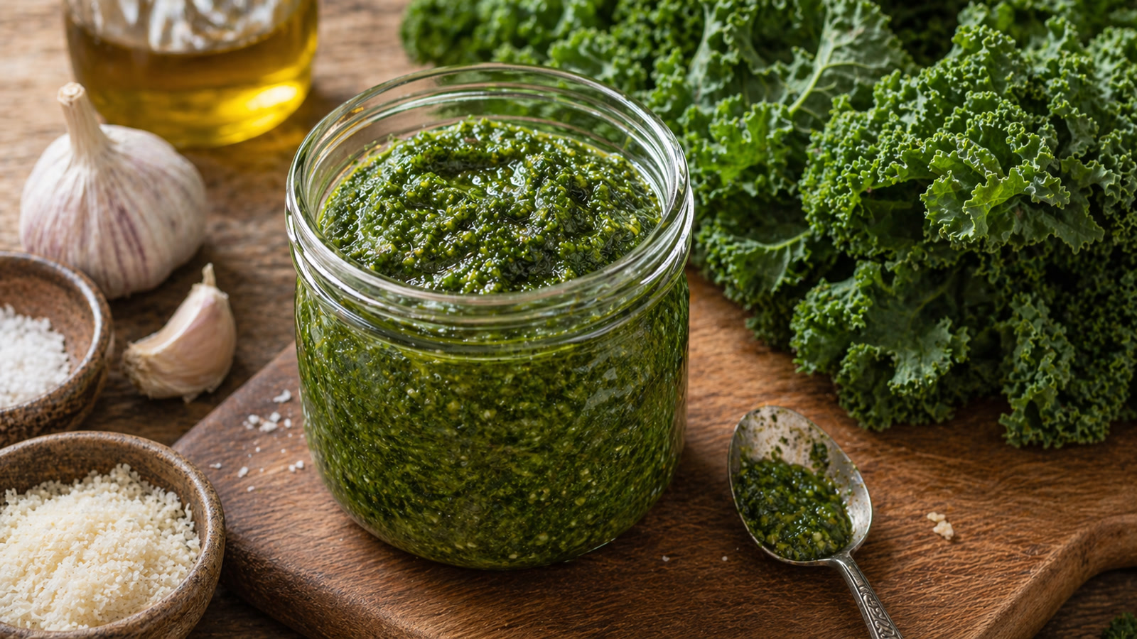 A jar of deep green kale pesto with a spoon and fresh kale leaves in the background.
