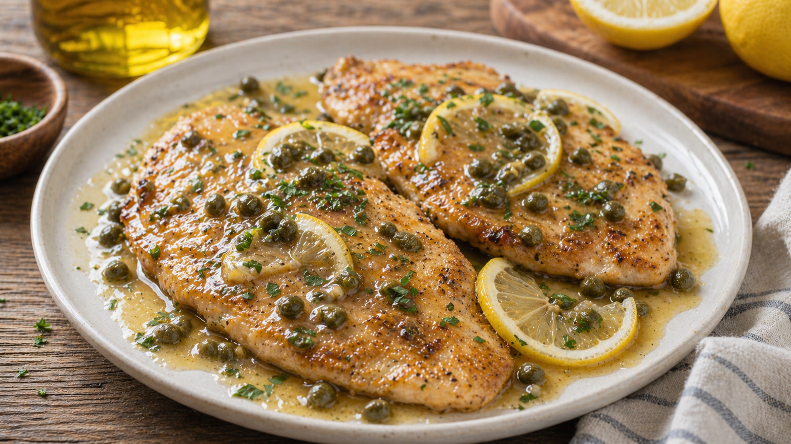 Two golden-brown chicken cutlets on a plate with a glossy lemon-butter sauce, capers, and fresh parsley scattered over the top.