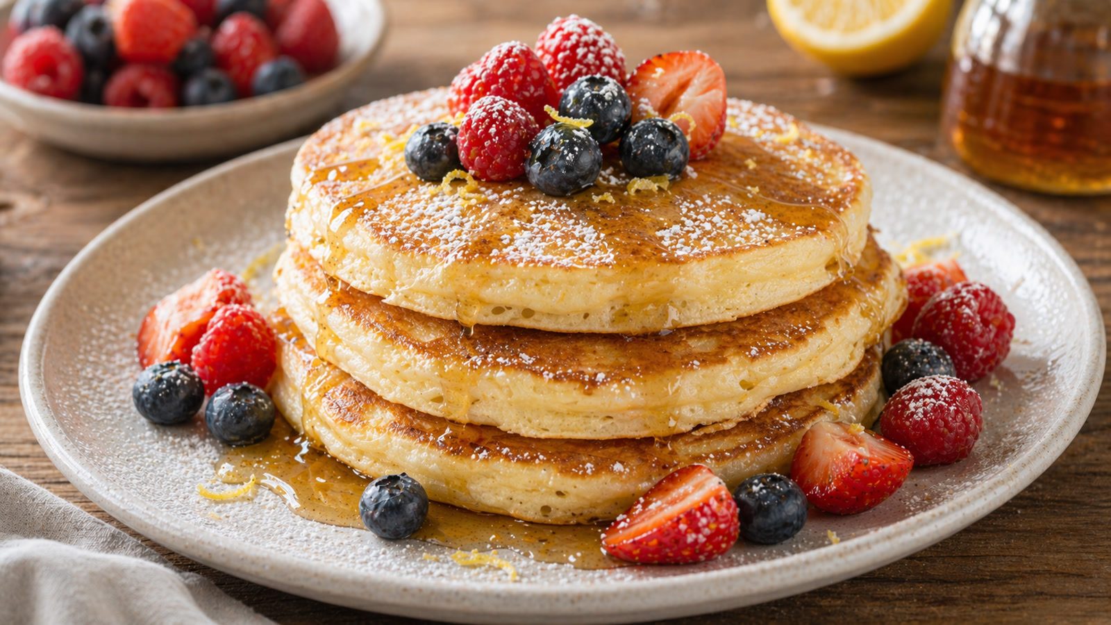 A stack of golden lemon ricotta pancakes topped with powdered sugar, fresh berries, and a drizzle of maple syrup.