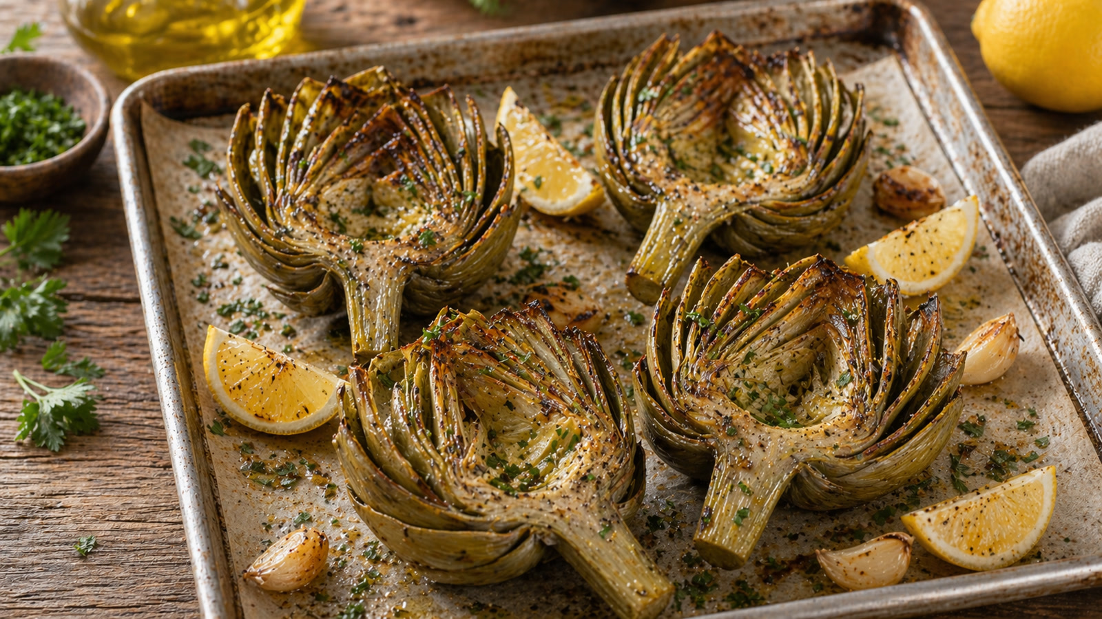 Four halved roasted artichokes on a sheet pan with golden browned leaves, lemon wedges, and garlic cloves.