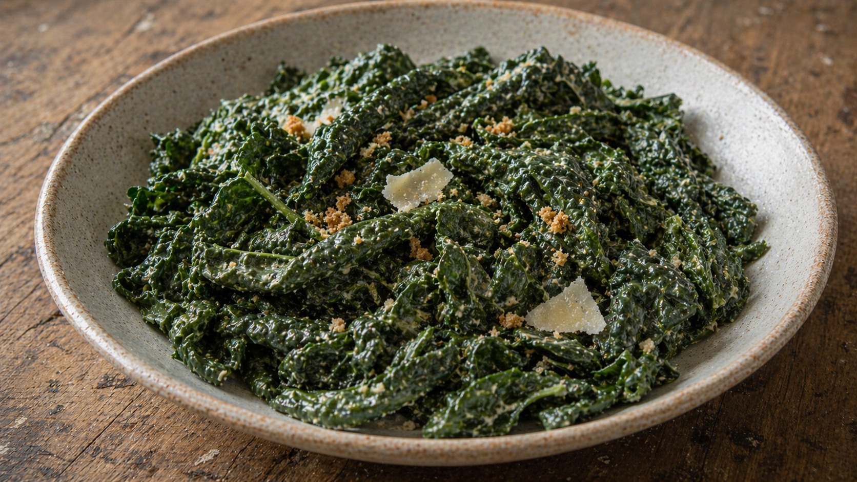 A large bowl of dark green massaged kale caesar with golden breadcrumbs and shaved Parmesan on top.