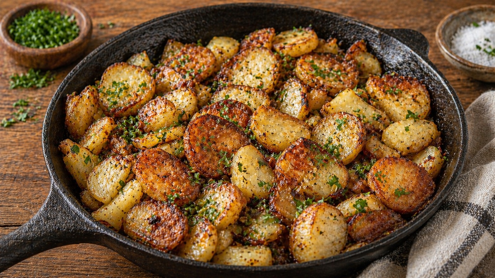 A cast iron skillet of pan-fried potatoes with crisp golden edges and chopped herbs.