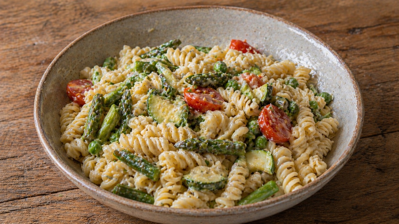 A platter of pasta primavera with spiral pasta, bright green asparagus, peas, yellow squash, and cherry tomatoes.