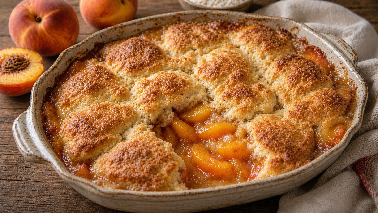 A ceramic baking dish of peach cobbler with a golden biscuit topping and bubbling peaches at the edges.