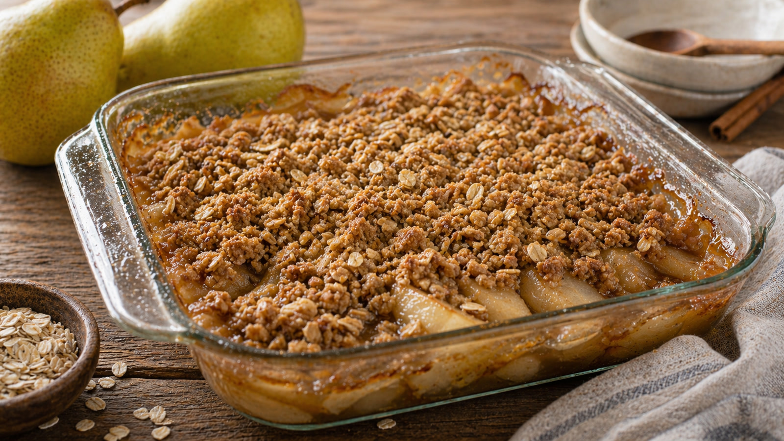 A glass baking dish of pear crisp with a golden oat crumble topping and bubbling juices at the edges.