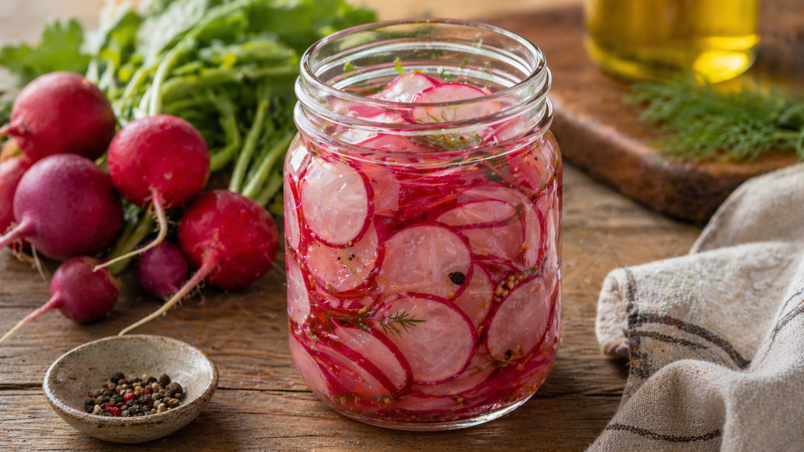 A clear glass jar of thinly sliced pink radishes in brine, with a bunch of fresh radishes beside it.