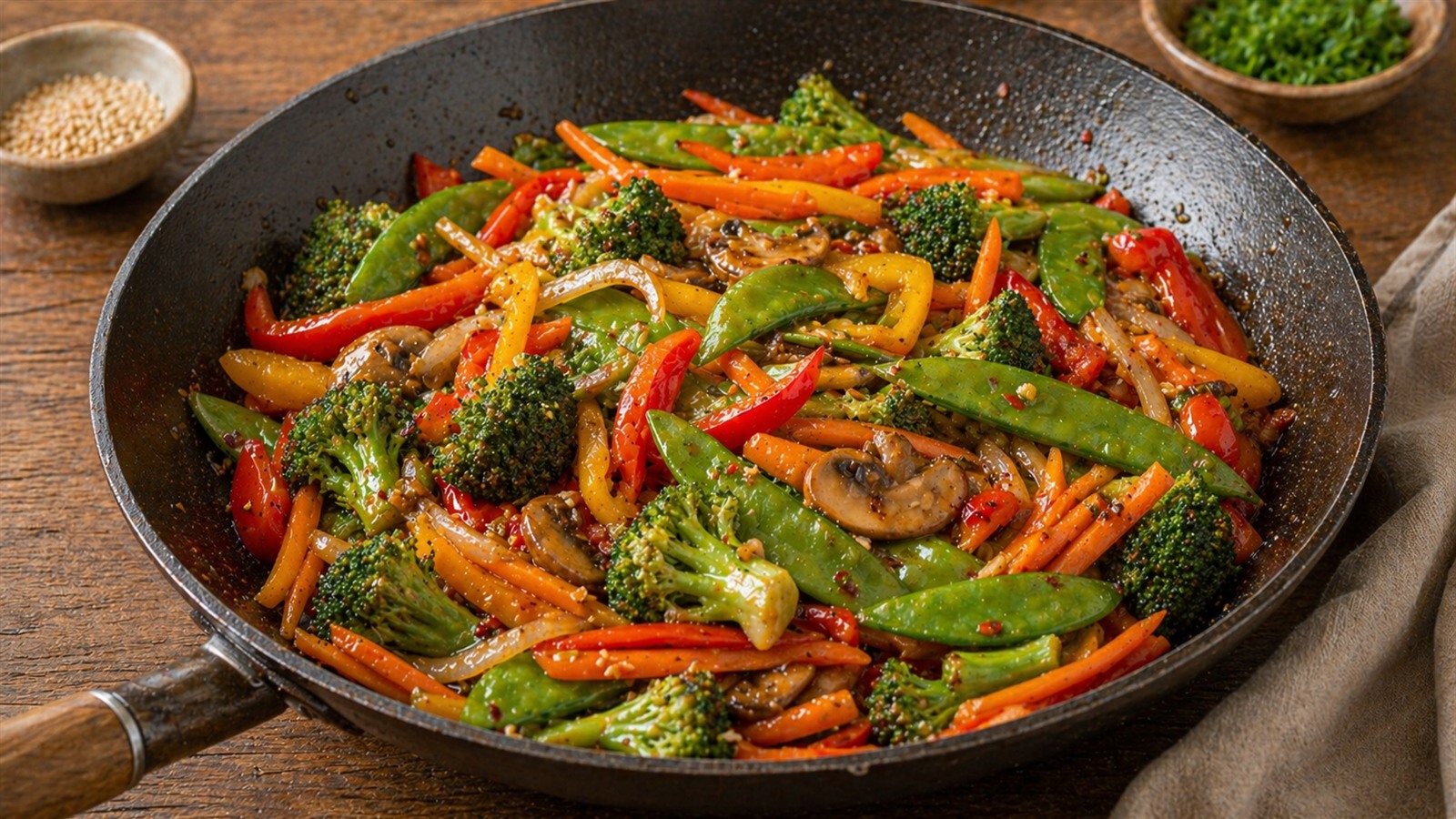 A skillet of vegetable stir fry with broccoli, peppers, carrots, and snap peas coated in sauce.