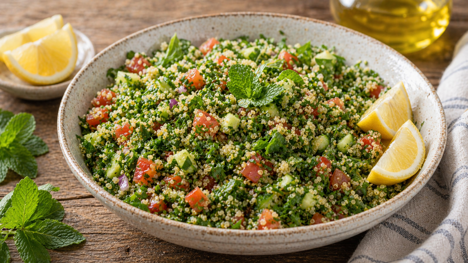 A bowl of bright green tabbouleh with visible quinoa, chopped parsley, diced tomato, cucumber, and mint, with lemon wedges on the side.