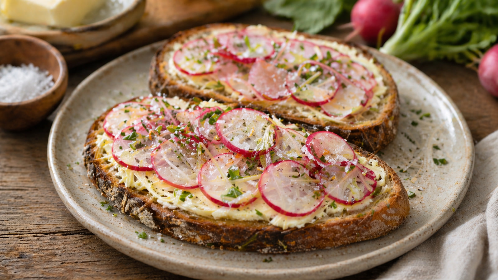 Slices of rustic bread topped with thick butter and sliced pink radishes scattered with flaky salt and fresh chives.