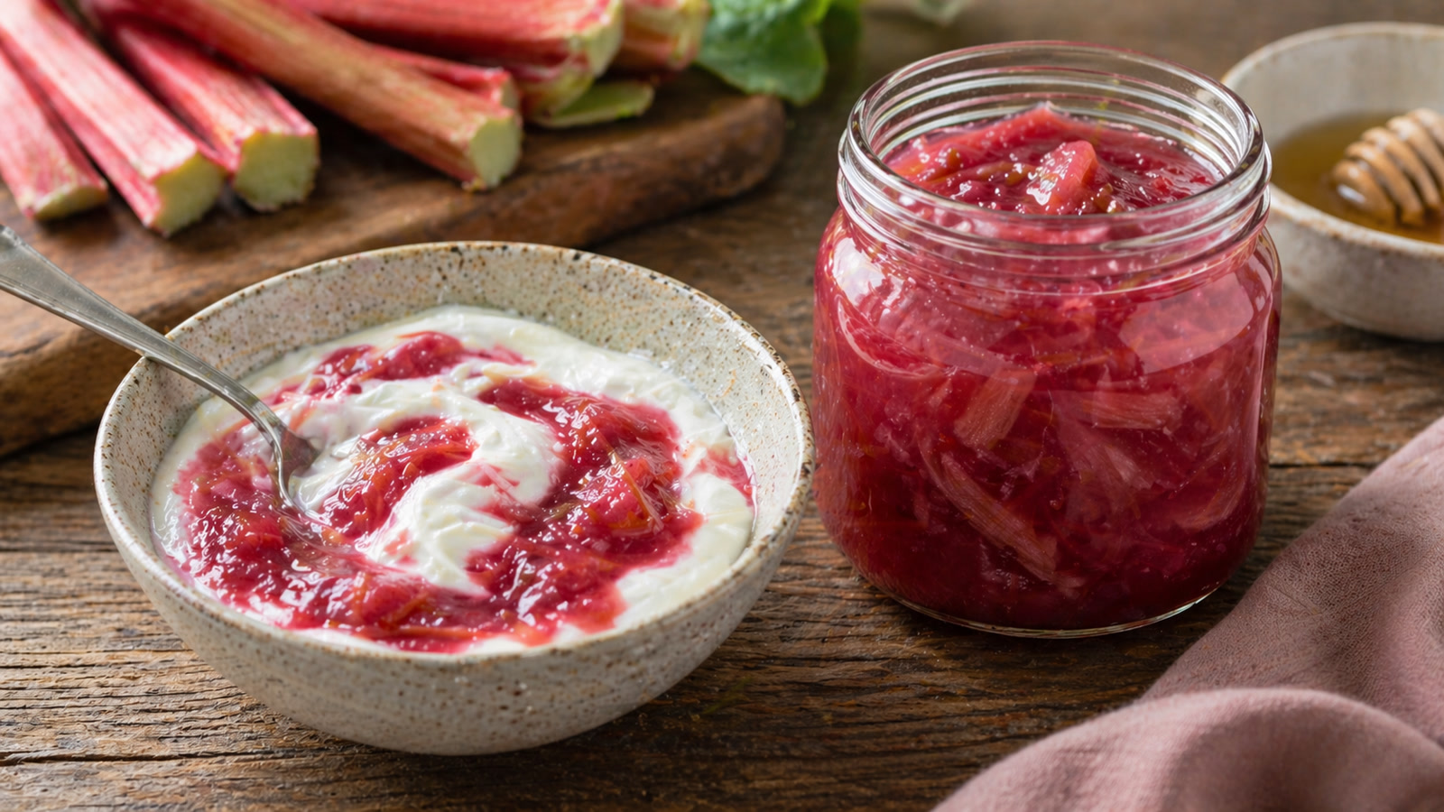 A glass jar of bright pink rhubarb compote with a swirl of Greek yogurt on top in a bowl beside it.