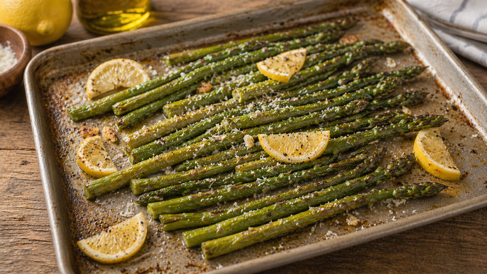 A sheet pan of roasted asparagus spears with blistered tips, lemon wedges, and grated Parmesan.
