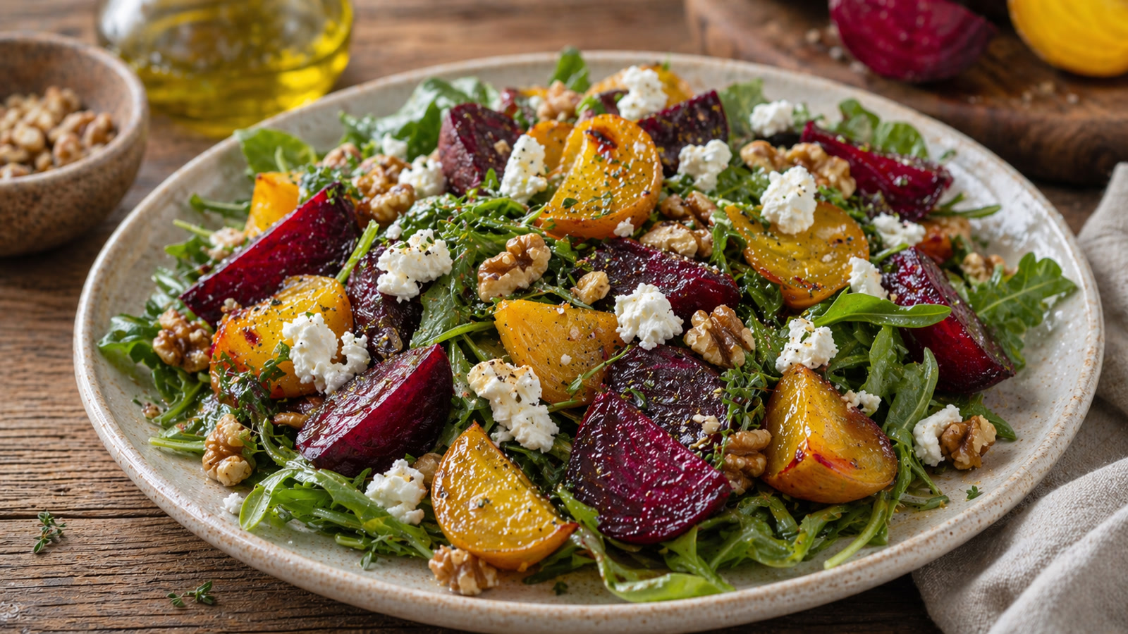 A plate of roasted red and golden beet wedges on greens with crumbled goat cheese and toasted walnuts.