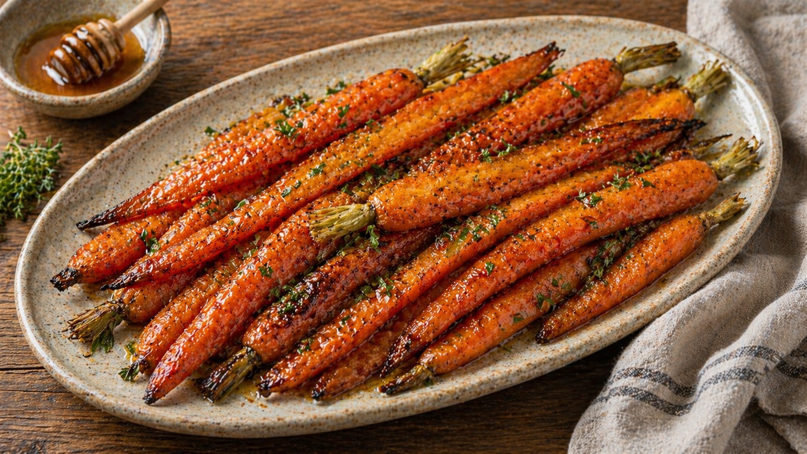 A platter of roasted carrots glazed with honey and sprinkled with fresh herbs.