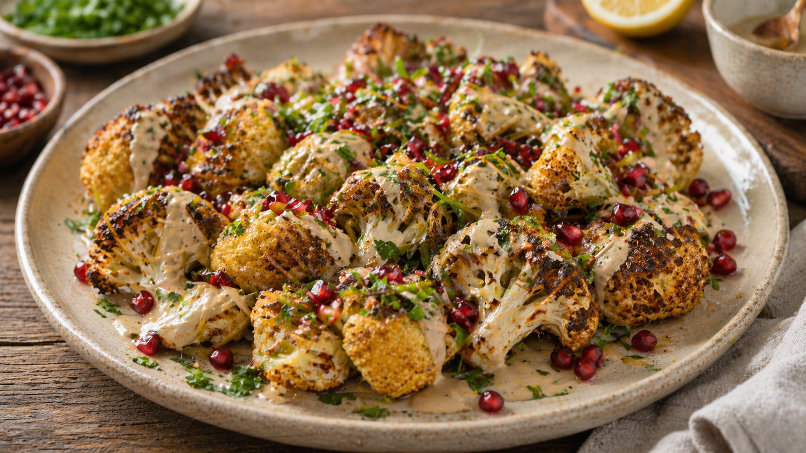 Deeply browned roasted cauliflower florets on a platter drizzled with tahini sauce and topped with pomegranate seeds and parsley.