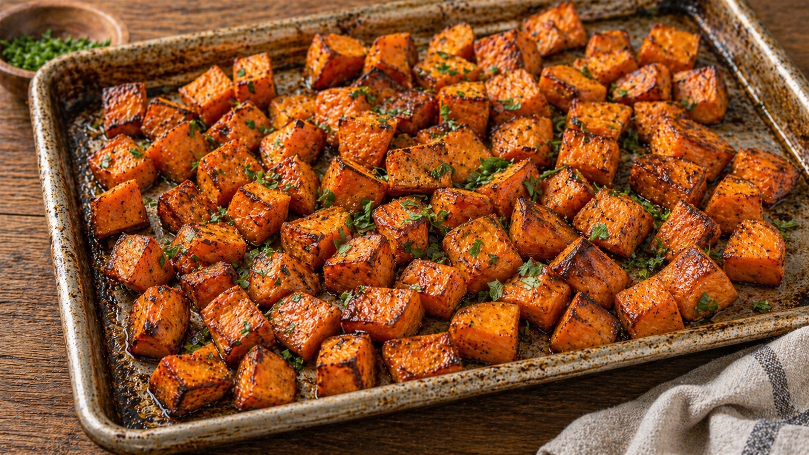 A sheet pan of roasted sweet potato cubes with caramelized edges and chopped herbs.