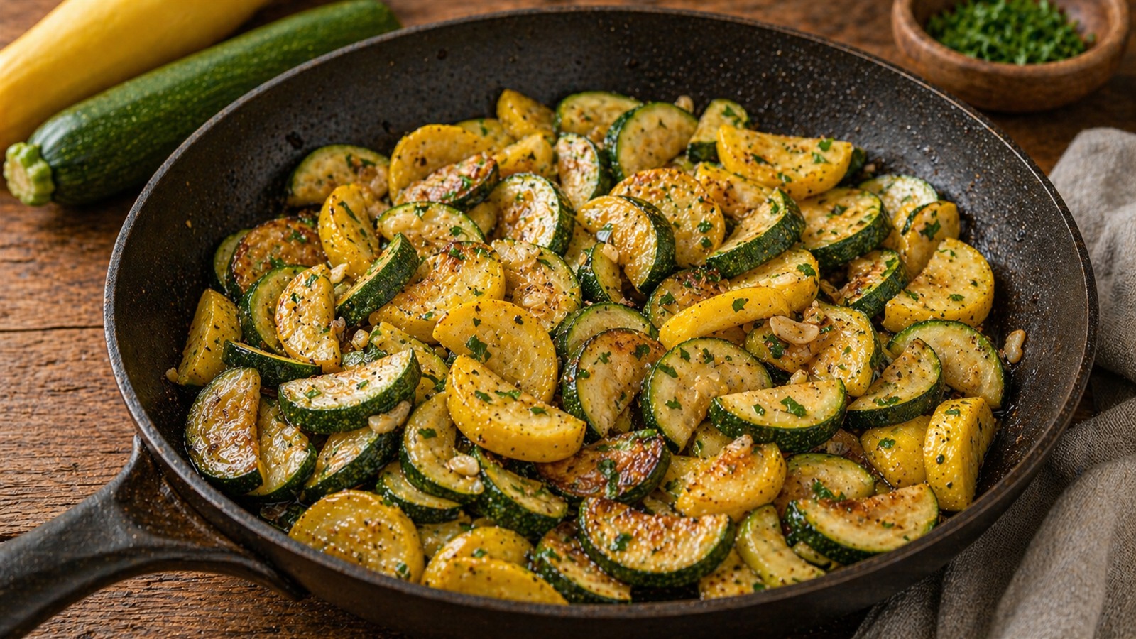 A skillet of sauteed zucchini and yellow squash with browned edges and bits of garlic.