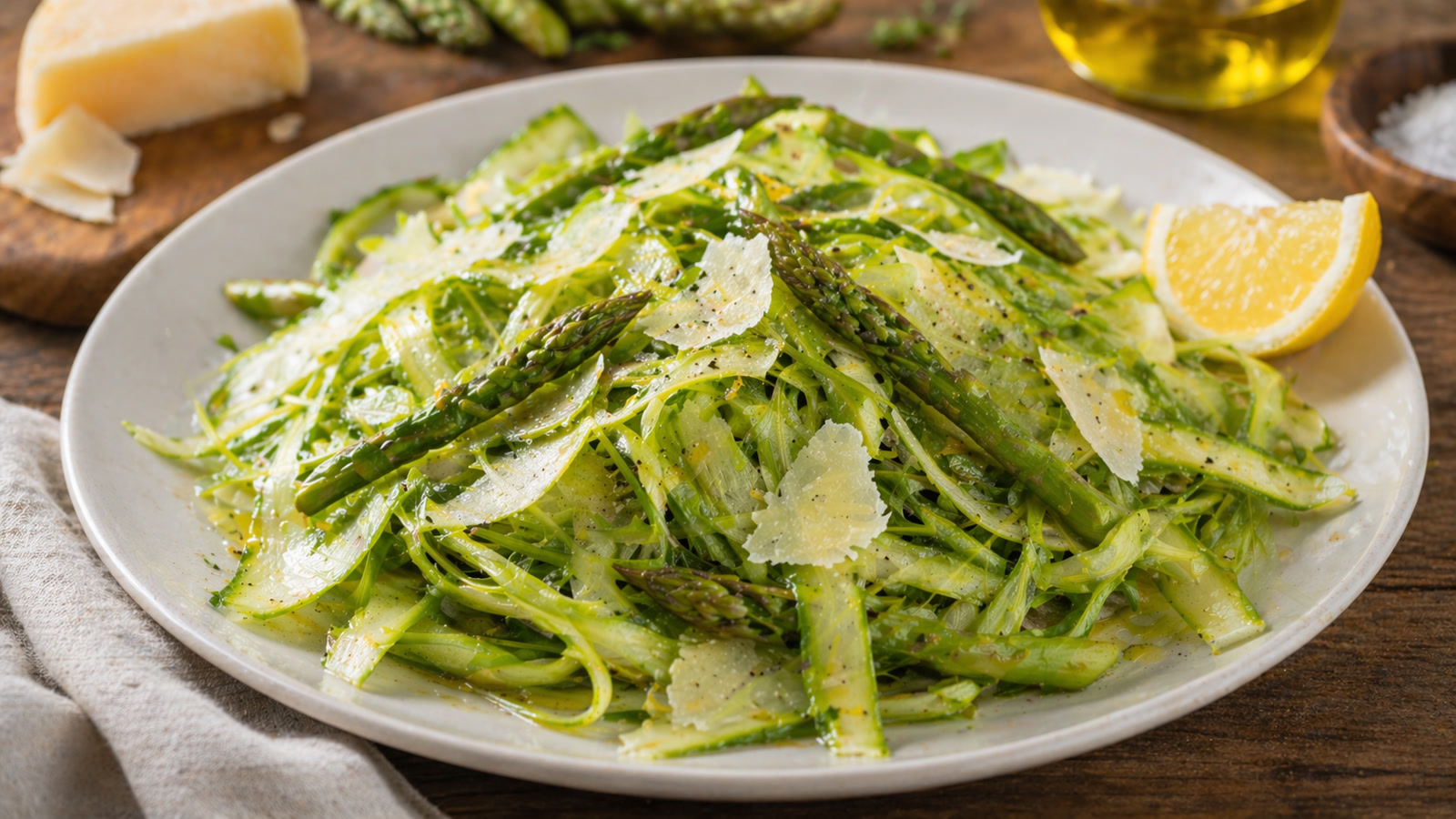 A white plate piled with thin green asparagus ribbons, shaved Parmesan, and a lemon wedge.