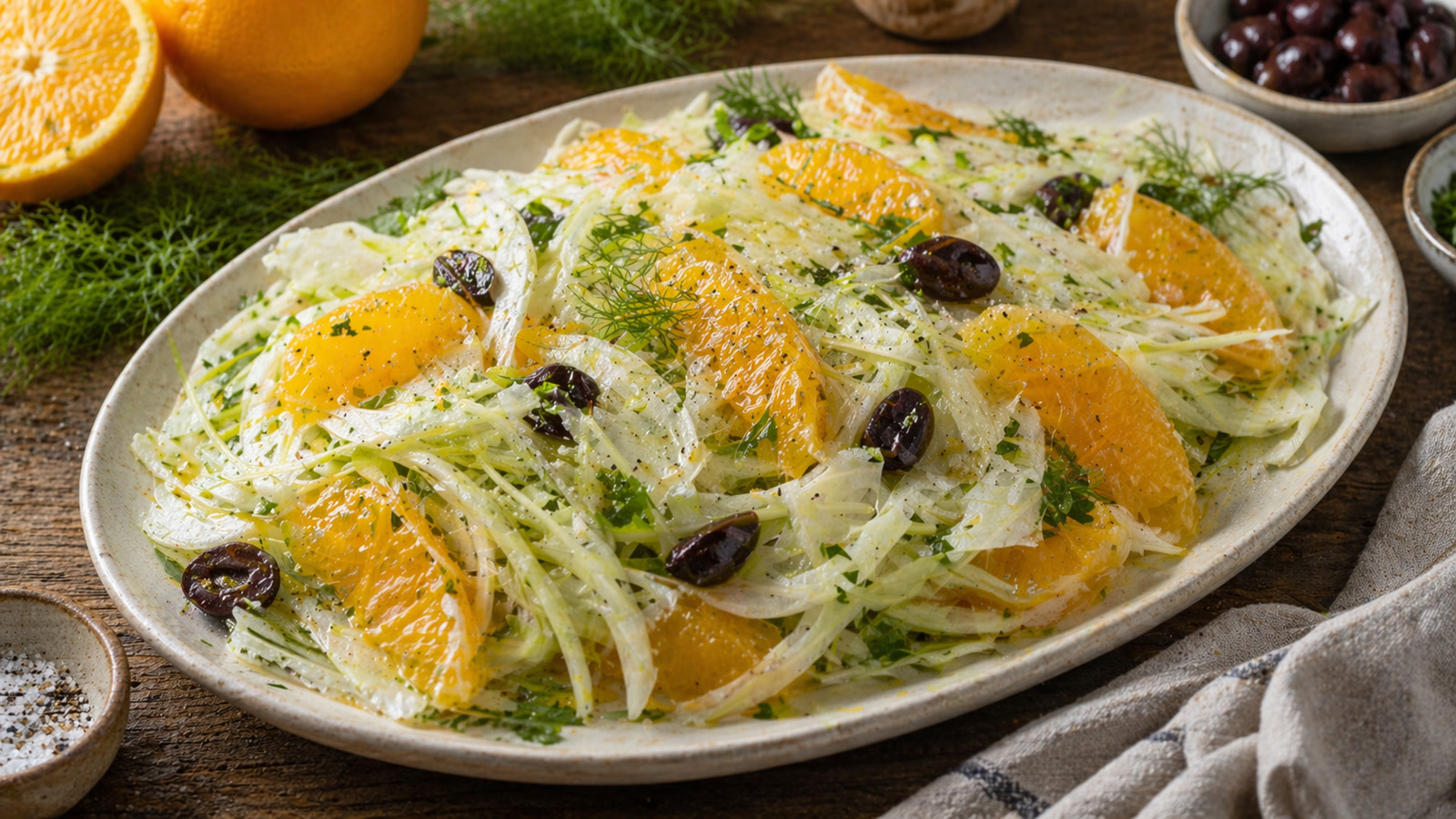 A platter of shaved fennel with orange segments, black olives, and chopped parsley drizzled with olive oil.