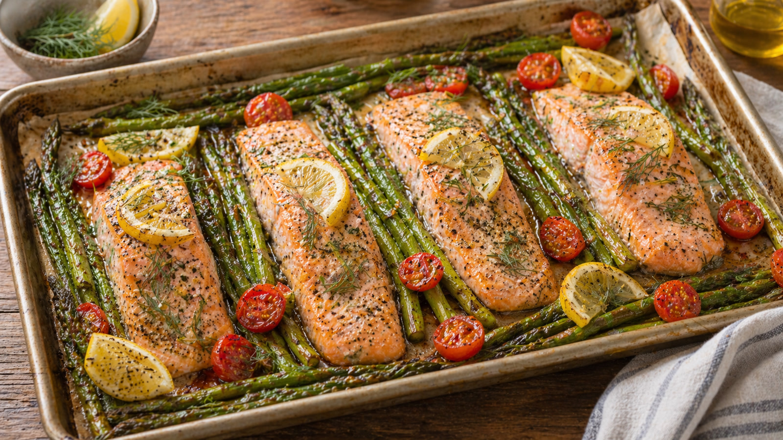 A sheet pan with four pink salmon fillets, bright green asparagus spears, and halved cherry tomatoes, with lemon wedges and fresh dill.
