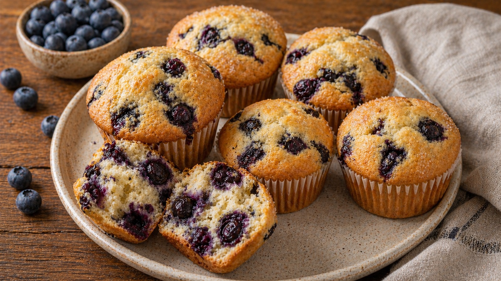 A plate of blueberry muffins with domed tops and visible berries, with one muffin split open.