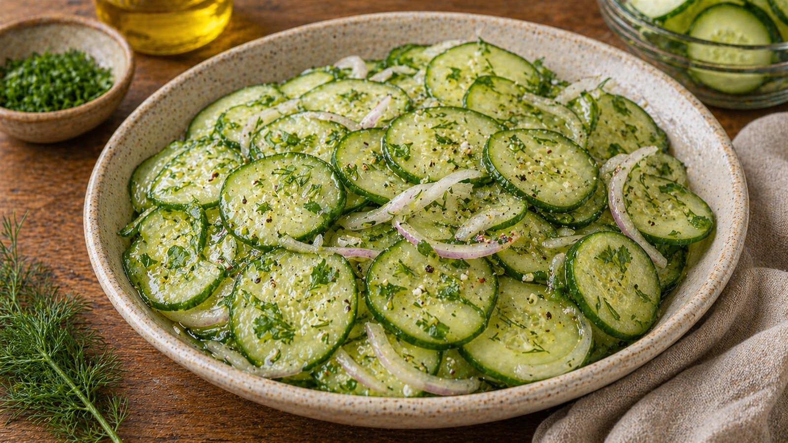 A bowl of thinly sliced cucumber salad tossed with herbs in a light vinaigrette.