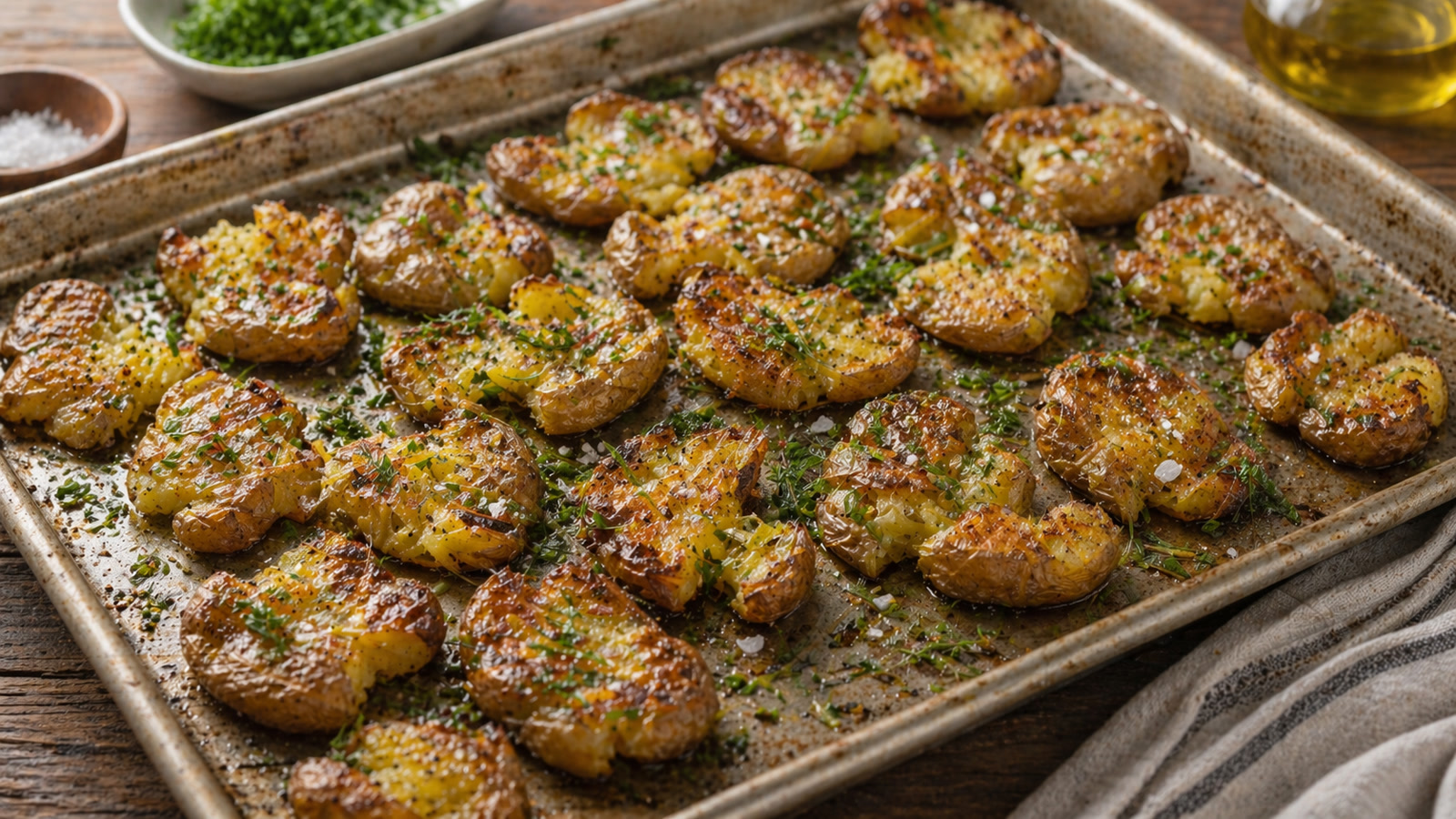 A sheet pan of golden crispy smashed potatoes scattered with chopped fresh herbs and flaky salt.