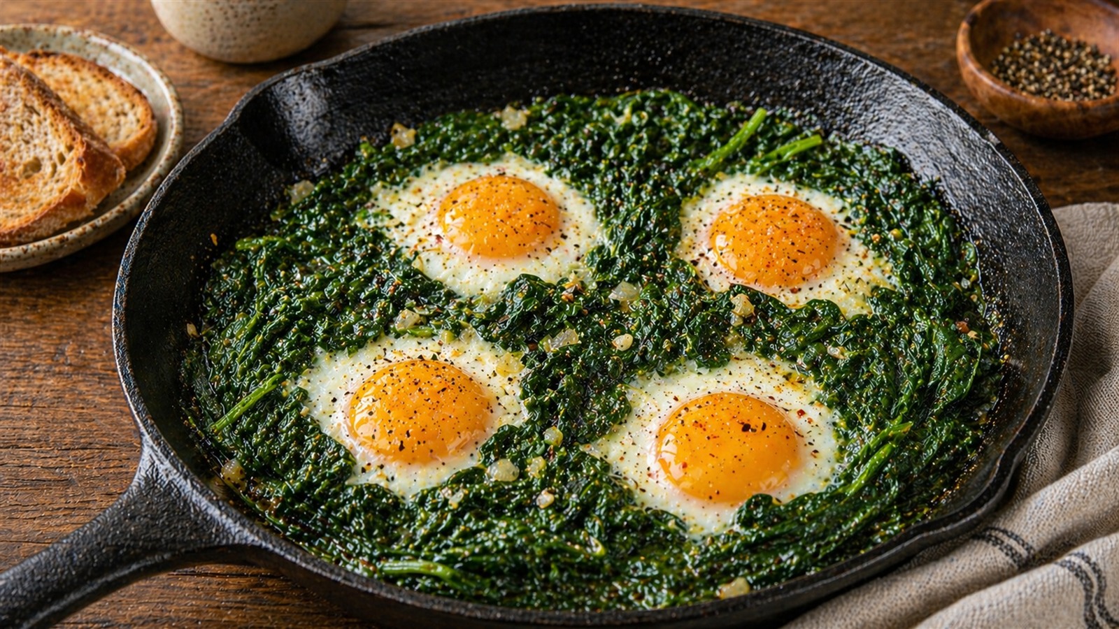 A skillet of wilted spinach with eggs cooked in the greens and black pepper on top.