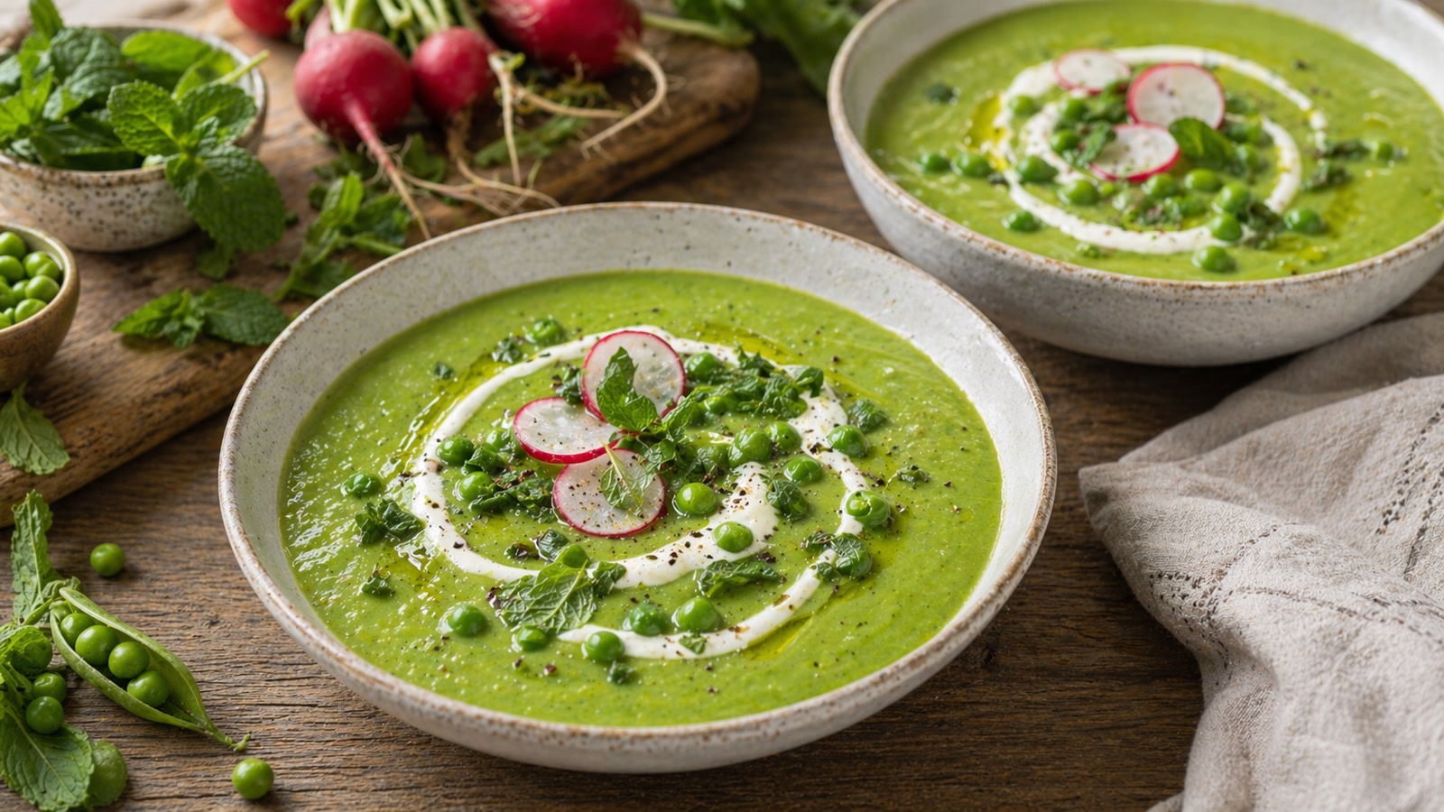 Two bowls of bright green pea soup swirled with crème fraîche, scattered with fresh mint and shaved radish.