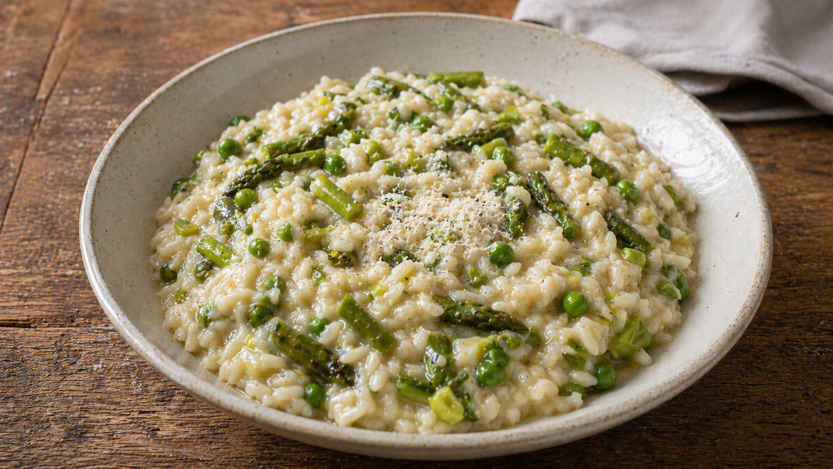 A shallow bowl of creamy yellow risotto studded with green asparagus pieces, peas, and topped with shaved Parmesan.