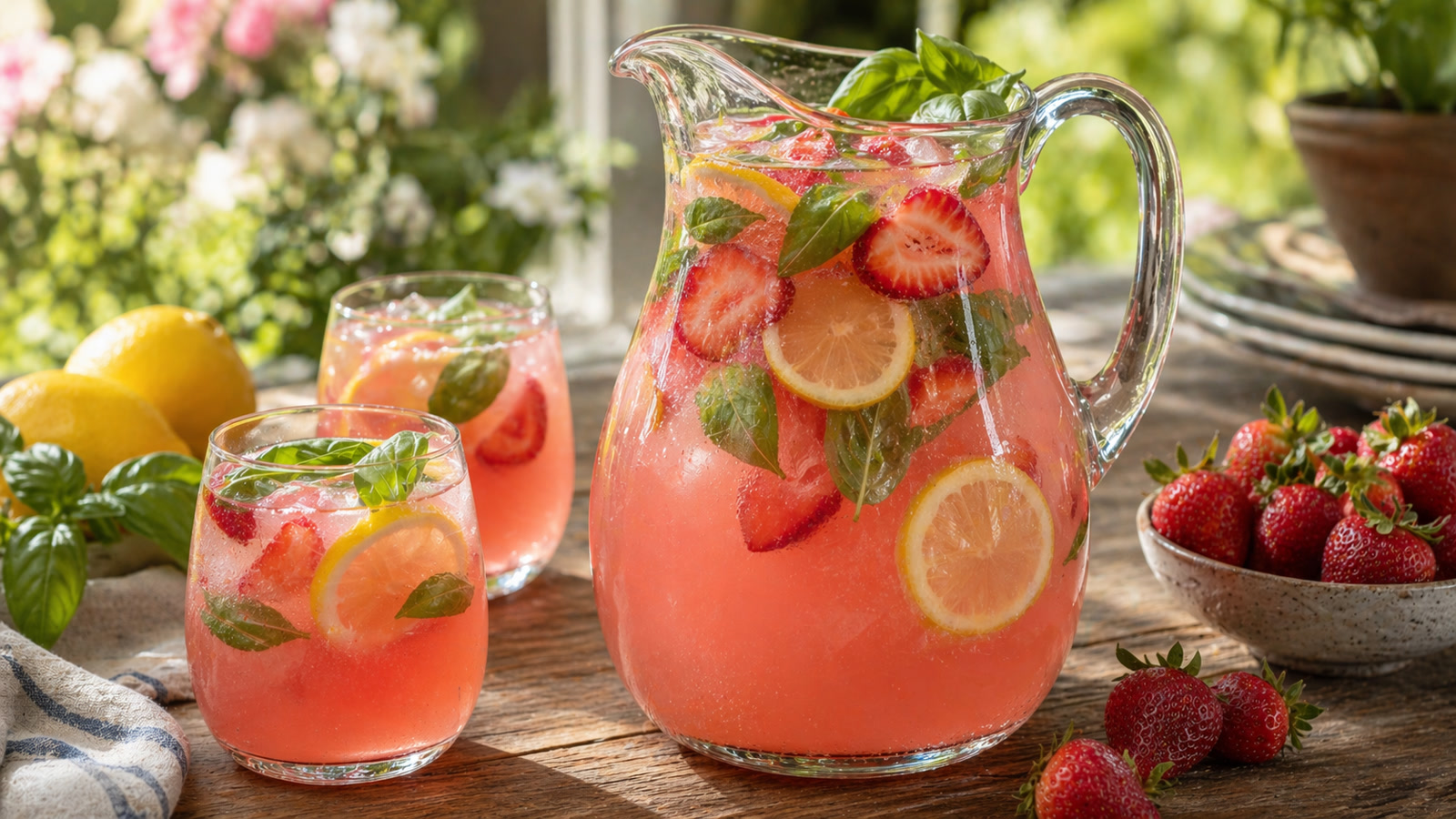 A glass pitcher of pink lemonade with floating strawberry slices, basil leaves, and lemon rounds, on a sunny table.