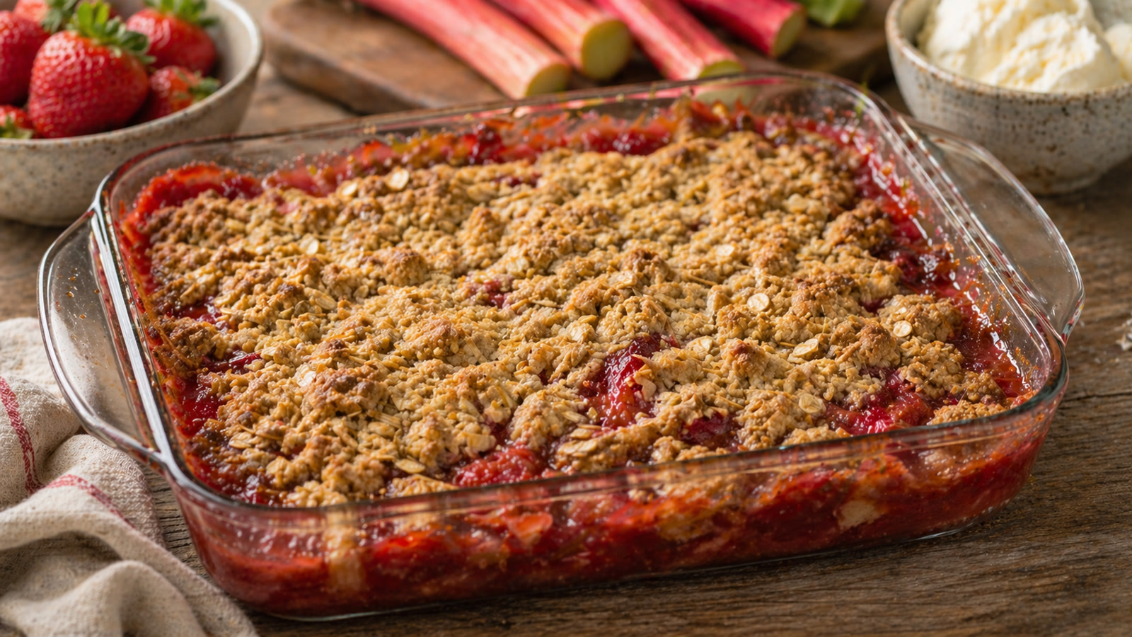 A glass baking dish of strawberry rhubarb crisp with bubbling red juices at the edges and a golden oat crumble topping.