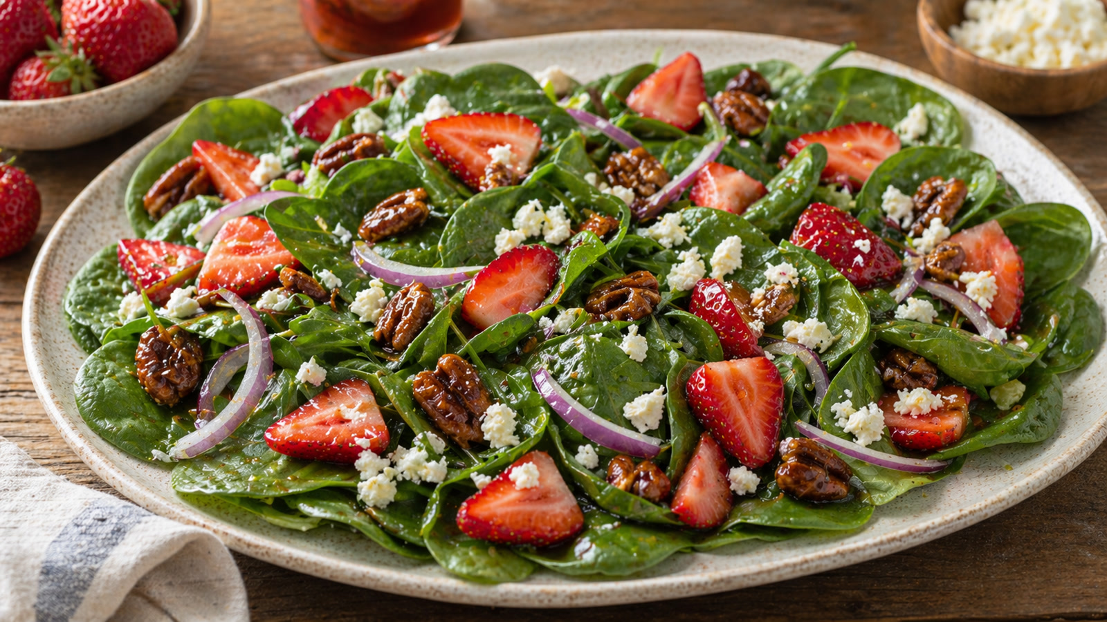 A platter of baby spinach salad with sliced red strawberries, crumbled white feta, candied pecans, and red onion slivers.