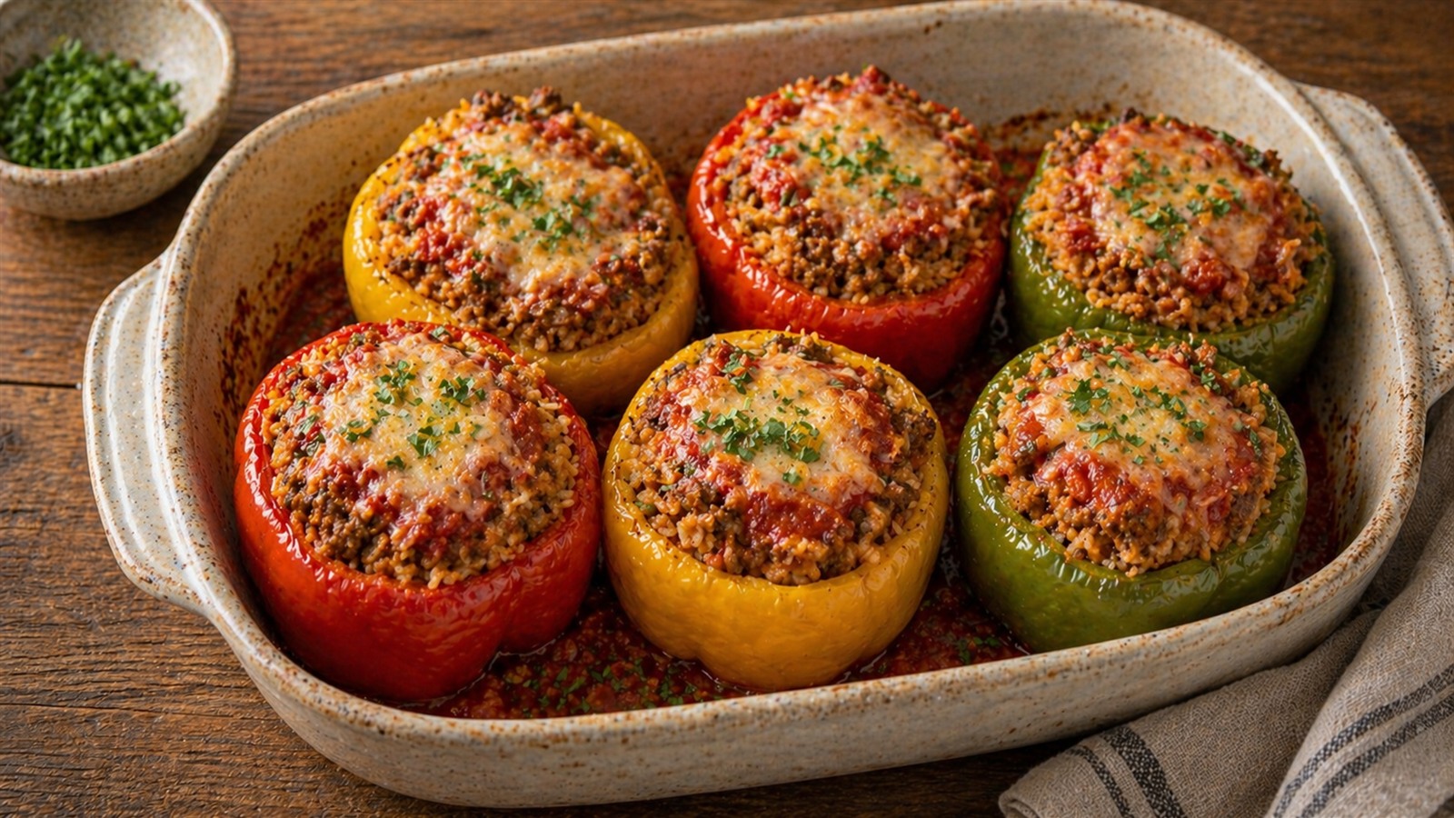 A baking dish of stuffed bell peppers filled with rice and topped with tomato sauce, melted cheese, and herbs.