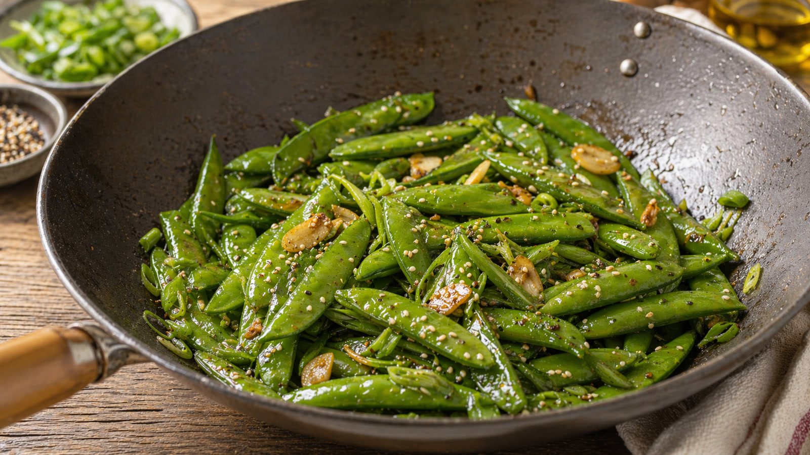 A wok of bright green sugar snap peas with garlic and sesame seeds glistening with sauce.