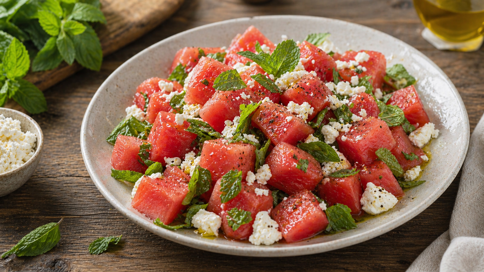 A bowl of cubed watermelon with crumbled feta cheese, torn mint leaves, and a drizzle of olive oil.