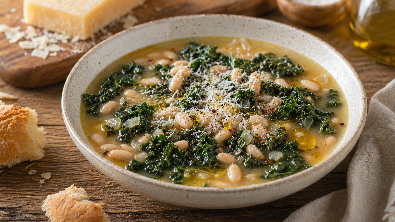 A bowl of golden soup with white beans, dark green kale leaves, and a drizzle of olive oil with grated Parmesan on top.